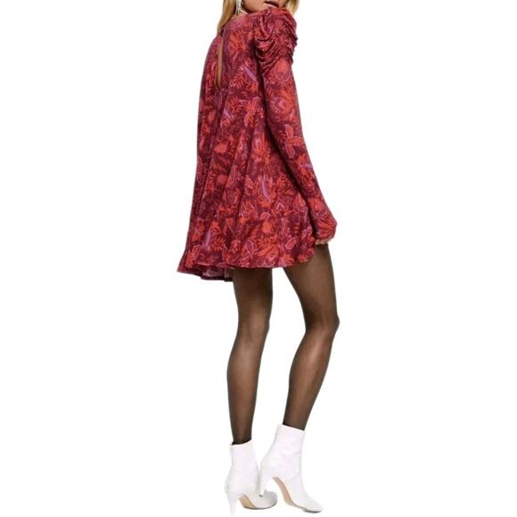 Free People Hello Lover Red Scarlett Floral Print Tunic Dress Sz XS Puff Sleeve - Picture 11 of 12